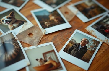 Scattered instant photos on wooden table show elderly man, happy dog, cats, autumn nature scenes. Images evoke nostalgia, memories, family history. Old pictures arranged randomly, telling stories.