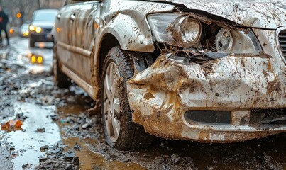 Damaged car in a muddy road