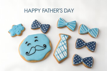 Happy Father's Day with a festive assortment of blue and white iced cookies. Fun shapes like mustaches, bow ties, and neckties make a sweet, delicious gift.
