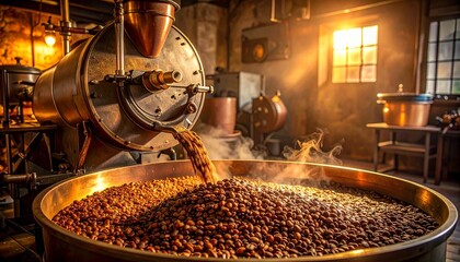 Roastery vintage copper equipment warm ambient lighting, artisanal coffee beans being roasted small batch specialty coffee