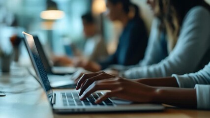 Data processing and media icon collaboration in a collaborative workspace with diverse individuals, media icons and data processing over diverse colleagues using laptop in office - Powered by Adobe