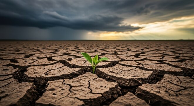 A Single Sprout Emerges from Cracked Earth Under Stormy Skies