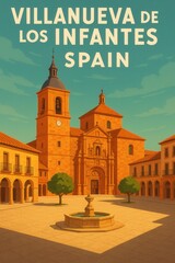 Fototapeta premium Illustrated central plaza of Villanueva de los Infantes Spain showing the stone cathedral, clock tower, trees, and a fountain under clear blue skies