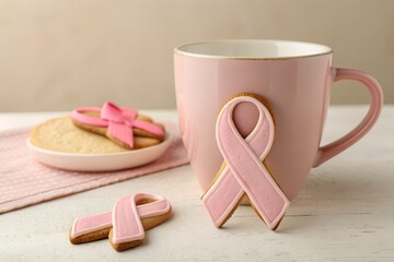 Breast Cancer Awareness concept with pink ribbon cookies and a pink mug, symbolizing hope and support for a charity fundraiser or event.

