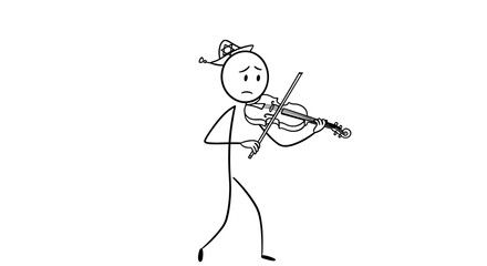 Stick figure playing violin with a sad expression on white background  