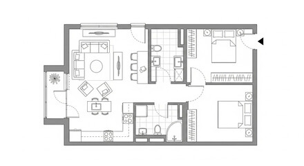 Detailed Black and White Floor Plan of a Two-Bedroom Apartment Layout on Isolated transparent background