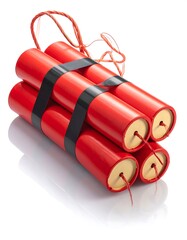 Stack of red dynamite sticks with black tape, against a plain white background, presenting a dangerous and alarming visual.