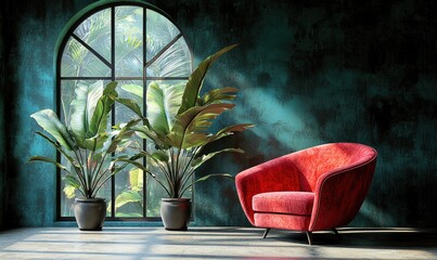A sunlit room with lush plants and a red armchair