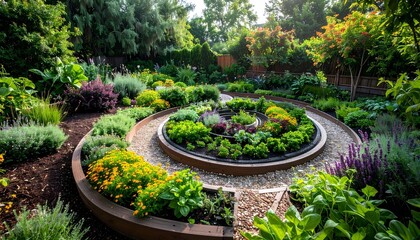 Culinary herb spiral garden design maximizing growing space while creating microclimate zones diverse herbs