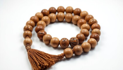 Obraz premium Natural wooden prayer beads with detailed carvings and brown tassel rest on white backdrop. Spiritual accessory for meditation, mindfulness practices and cultural items.