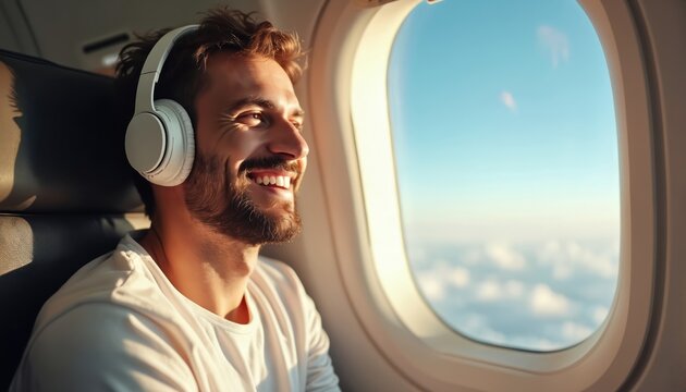 Smiling man with headphones looks out airplane window at clouds. He enjoys music during flight. Passenger travels above sky. Happy journey on aircraft.