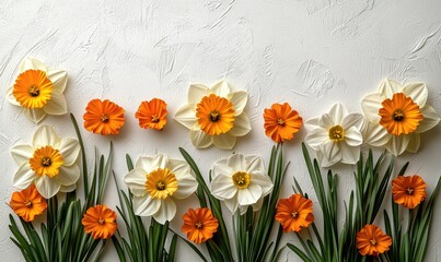 Paper flowers arranged in a spring border