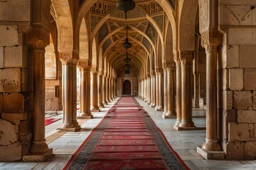 Colonnade with red carpet leading to the prayer hall of a mosque, decorated with traditional islamic art and architecture