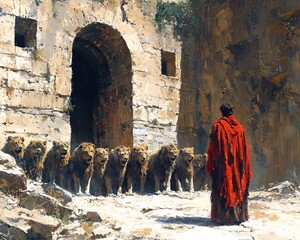 A figure in a red robe confronts a group of lions in an ancient stone archway