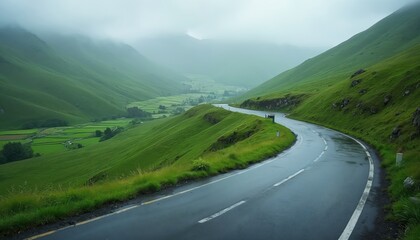 Naklejka premium Winding wet asphalt road cuts through lush green hills under misty sky. Patterned fields dot valley below. Nature, travel, isolation, journey concept.