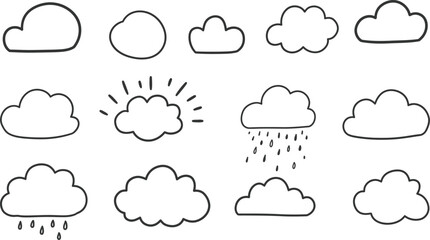 Doodle style weather icons set including sun clouds and rain on transparent background