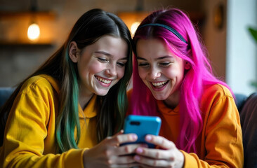 Teen girls using smartphone. Friends laughing at phone screen. Colorful hair girls with mobile on pastel background.