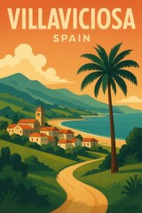 Naklejka premium Travel poster of Villaviciosa, Spain depicting a coastal village on a hillside with red-roofed houses, a church tower, palm tree, and sweeping beach by the sea