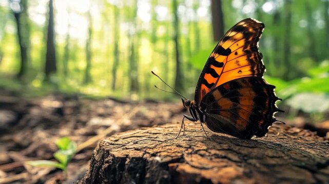 Large tortoiseshell butterfly resting on a tree stump in a vibrant forest setting, Butterfly Large tortoiseshell Nymphalis polychloros in the wild
