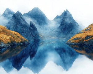 Misty mountain lake reflecting the peaks
