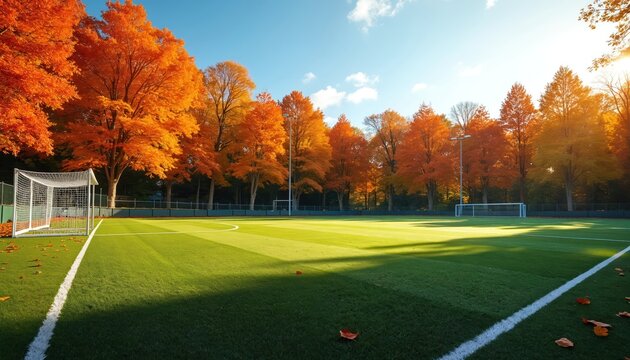 Soccer field surrounded by vibrant autumn foliage. Trees with orange leaves frame green pitch. Sunlight illuminates scene creating warm atmosphere. Beautiful sports ground in fall season.
