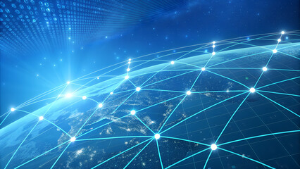 futuristic global network with glowing lines and nodes on planet earth, representing global business communication, international data transfer, and worldwide digital connectivity