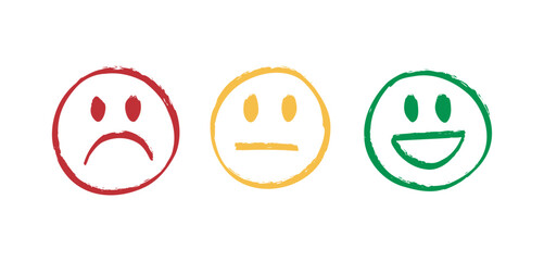 mood set doodle hand drawn faces icon collection. Sad, indifferent and happy emotions. Good, regular and bad rating