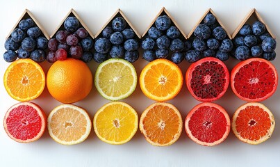 Colorful fruit slices arranged in a geometric pattern on a white surface