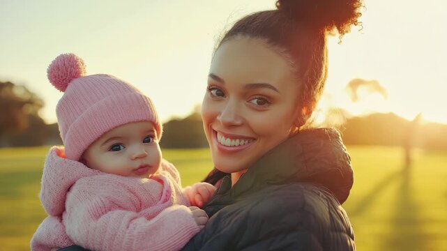 Mother and baby enjoy playful moments in the park during sunset with smiles and joy, Healthy Happy young mum and baby playing in Park