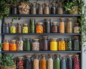 A colorful display of various seeds and grains in glass jars on shelves