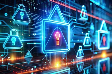 "Modern 3D cyber interface showing multiple system failure icons, futuristic data protection warning, neon light hologram design"