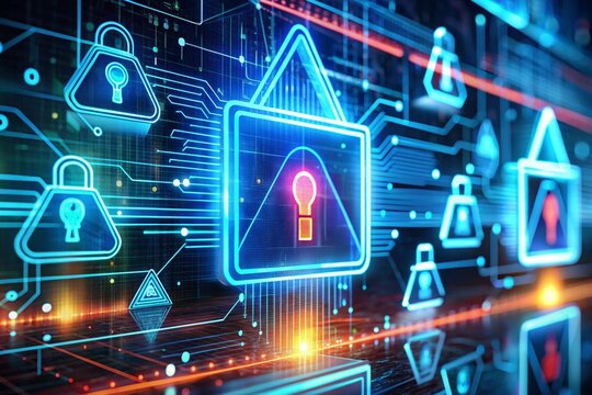 "Modern 3D cyber interface showing multiple system failure icons, futuristic data protection warning, neon light hologram design" - Powered by Adobe