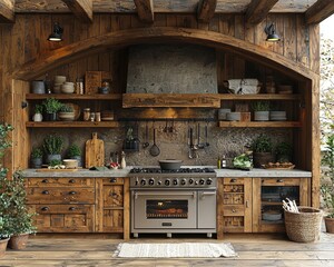 Rustic outdoor kitchen with wooden cabinets and stone accents