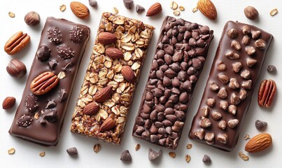 Four chocolate-covered granola bars with nuts and seeds arranged on a white surface