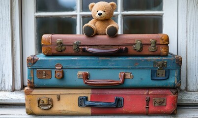 Vintage suitcases stacked on a windowsill with a teddy bear