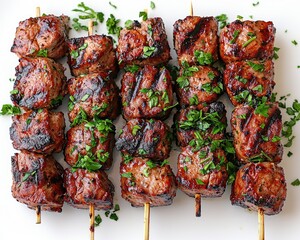 Grilled meat skewers topped with fresh herbs