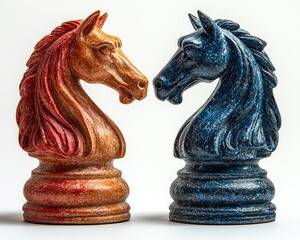 Two opposing chess knights facing each other