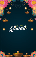 elegant happy diwali background with lights and mandala decoration