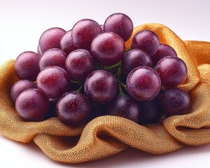 A bunch of plump purple grapes resting on a gold cloth