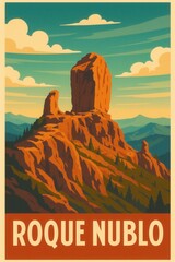 Towering volcanic formation of Roque Nublo dominates the rugged highland terrain of Gran Canaria in the Canary Islands beneath open skies and distant mountains
