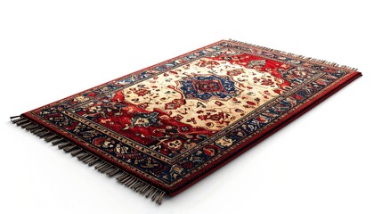 Ornate rug with intricate floral and geometric patterns in rich red, cream, and navy colors, angled on a white background.