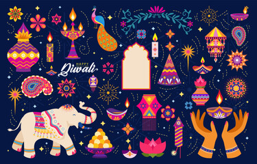 happy diwali vector background with lights,floral elements, elephant, hands, candles, peacock, fireworks