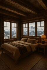 Fototapeta premium Cozy wooden bedroom with mountain view windows