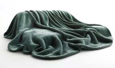 A draped teal-green blanket or fabric covering a sculpted object, against a plain white background