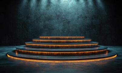 Dark, dramatic, tiered platform with glowing orange light