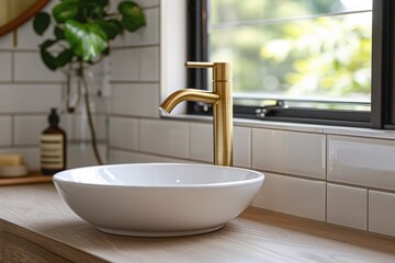 Fototapeta premium Brushed brass tap mixer on timber vanity with white basin bowl against white tiled wall in a new modern elegant bathroom lit by natural light from a nearby window modern interior house renovation new