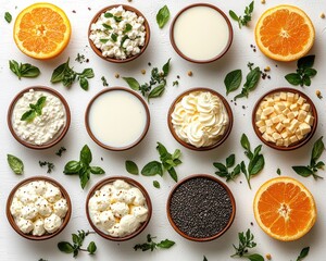 Assorted dairy and food ingredients arranged on a white surface