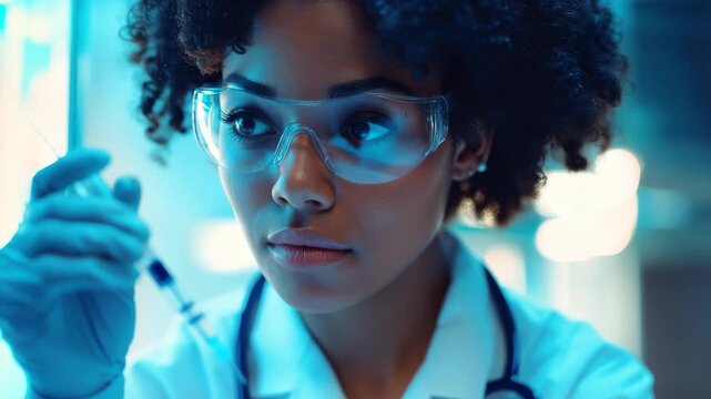 Data processing in a clinical setting by a biracial female doctor at a healthcare facility, data processing over biracial female doctor with vaccine - Powered by Adobe