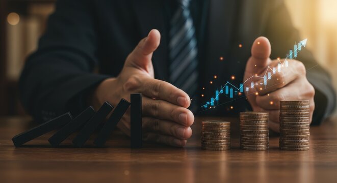 Protecting financial growth from falling dominoes representing business risk and economic instability, with coins symbolizing investment and wealth accumulation