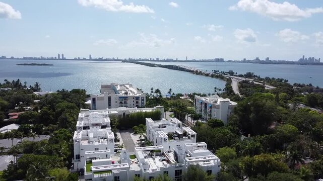 Aerial drone video of Biscayne Bay and Julia Tuttle Causeway from Miami Design District